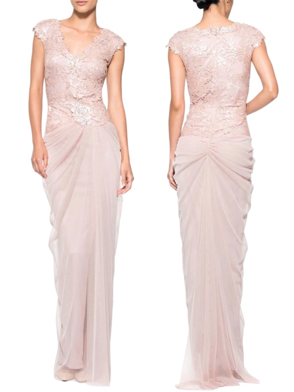 Tadashi Shoji Paillette Embroidered Lace Gown S Blush Pink Sequin Tulle Gathered
